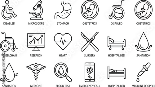 Medical healthcare line icons set, hospital surgery research obstetrics emergency medicine sanitation wheelchair disabled concept illustration vector outline modern design