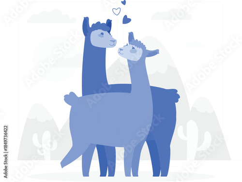 Two Llamas in Desert Landscape with Hearts mountains cacti clouds