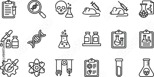 Medical laboratory science line icons set featuring research chemistry biology experiments testing analysis symbols for healthcare education and pharmaceutical design projects