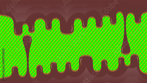Hot chocolate drip illustration. Melting chocolate on waffle background. Drippy ice cream vector design. Wavy choco melt border. Brown chocolate drips illustration.