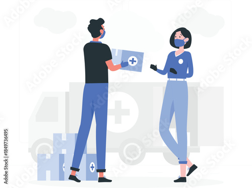 Two medical workers in face masks interacting beside an ambulance healthcare delivery