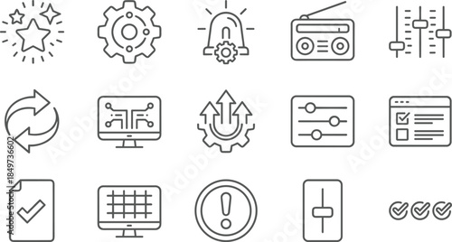 Technology and system control line icons set featuring settings alerts analytics sliders dashboard audio interface minimal outline vector design