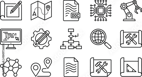 Technology and development line icons set showing engineering planning automation documentation analytics workflow digital innovation vector outline symbols