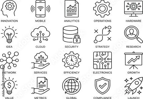 Technology business line icons set, innovation analytics cloud security strategy growth network hardware mobile global startup concept illustration