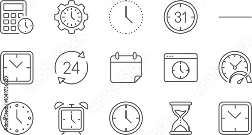 Time management line icons set, clock calendar schedule symbols, productivity planning, deadline tracking, business timing outline illustration collection