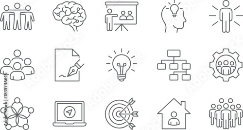 Business teamwork and creative thinking line icons set showing leadership strategy collaboration ideas planning management vector outline symbols