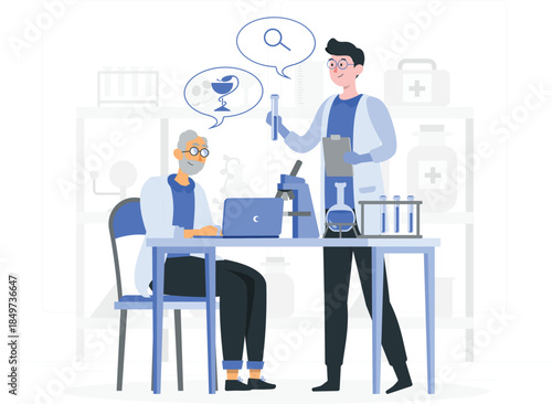 Two men in lab coats discussing a test tube laboratory microscope