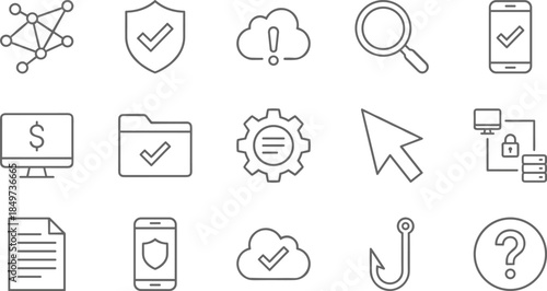 Cybersecurity and cloud data line icons set illustrating protection verification network finance storage search secure technology vector symbols outline collection