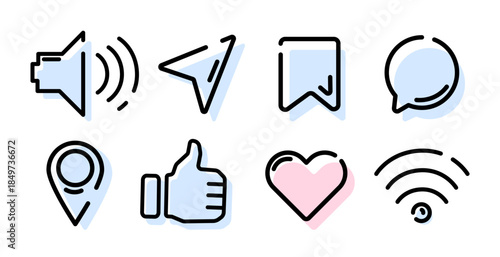 Minimalist set of social media and interface icons with like, heart, chat, location, message, sound, Wi Fi, and bookmark for apps, websites, digital marketing, UI design,social media platforms Vector