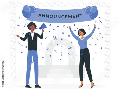 Two people celebrating under announcement banner with confetti celebration desi