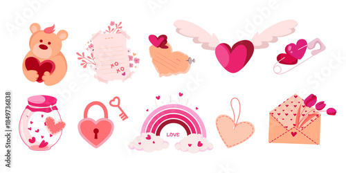 Set of cute Valentines Day icons and elements in pink and red tones, perfect for greeting cards, digital stickers, social media posts, romantic invitations, scrapbooking, and print designs. Vector