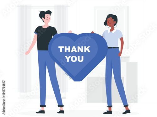 Two people holding a blue heart with thank you text cartoon