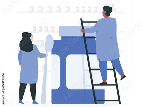 Two people in blue outfits cleaning large letter D with brush and ladder woman