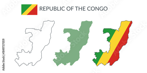 Republic of the Congo geographical borders isolated on white background. Flag of Republic of the Congo. Vector flat cliparts.