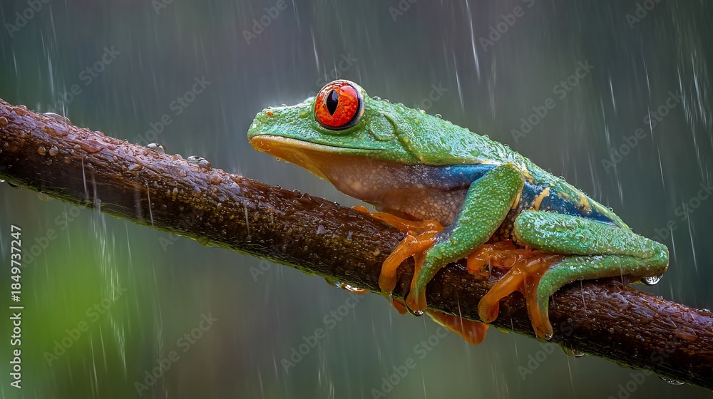 Fototapeta premium Red-eyed tree frog clings to branch during a rainstorm, eye and detail focused