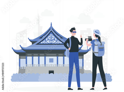 Two tourists taking of Asian style building travelers people Asian architecture