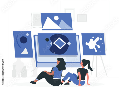 Two women sitting in front of abstract paintings on easels blue and white colors desi