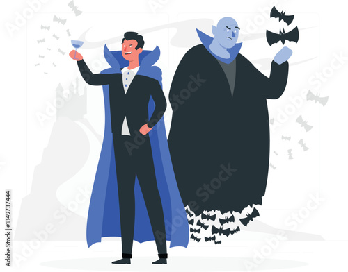 Vampire and blue vampire standing with bats vampires man in suit cape wine glass desi