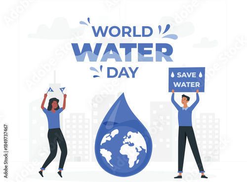 Water day with people holding signs and a globe save water conservation earth d