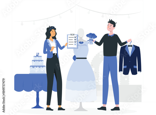 Wedding planning couple checking details with dress and cake checklist d