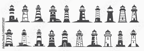  lighthouse silhouette icons set logo black beacon light