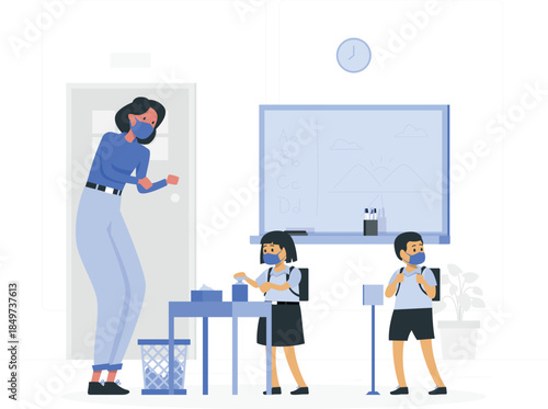 Woman and children wearing face masks in classroom with hand sanitizer d