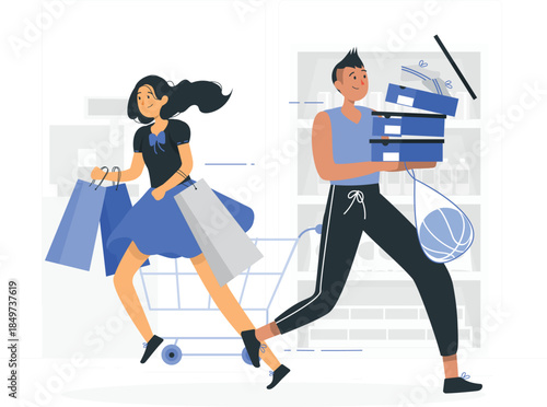 Woman and man carrying shopping bags and boxes couple cart