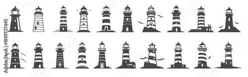 lighthouse silhouette icons set logo black beacon light