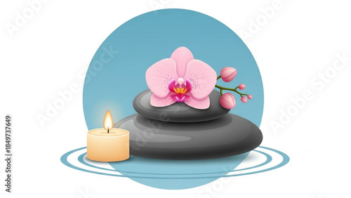 A serene spa scene featuring stacked stones, pink orchid, and lit candle in water with soothing blue ripples and a gentle ambiance