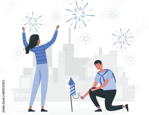 Woman celebrating with man launching rocket celebration fireworks cityscape people de