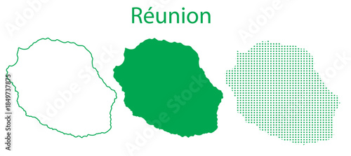 Reunion Map Vector Set, Indian Ocean Outline Silhouette Dotted Green Shapes, Réunion Island Infographic Template, Editable EPS Réunion Geography
