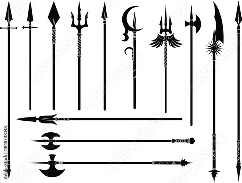 Ancient fantasy spear halberd trident weapon silhouettes set, medieval polearm collection isolated white background vector illustration design for game branding