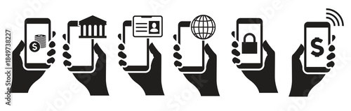 mobile banking hand icons set black on a white background