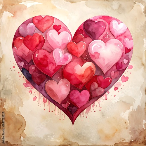 Wallpaper Mural Watercolor heart illustration filled with various heart shapes in romantic colors Torontodigital.ca