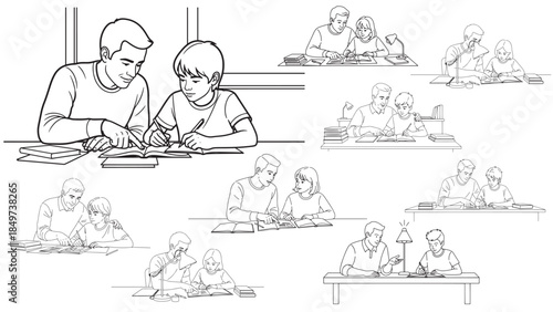 Father teaching his son and daughter at a desk while doing homework together, minimalist line art vector illustration collection for education, parenting, and homeschooling concepts