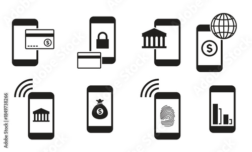 mobile banking icons set black on a white background