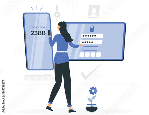 Woman entering code on smartphone and computer for two-factor authentication de