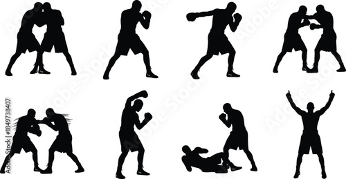 Boxing fighter silhouettes collection showing punches knockouts victory poses isolated on white background for sports training design illustration fitness competition