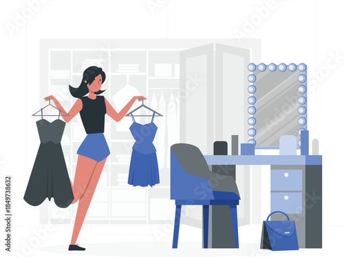 Woman holding dresses in front of dressing table mirror vanity des