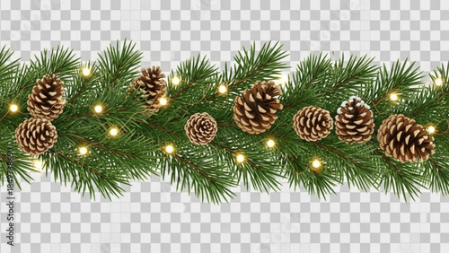 Christmas Pine Garland with Pinecones and Warm Lights for Holiday Decor