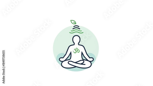 Person meditating in lotus position with om symbol on chest and green aura around head, yoga and mindfulness concept