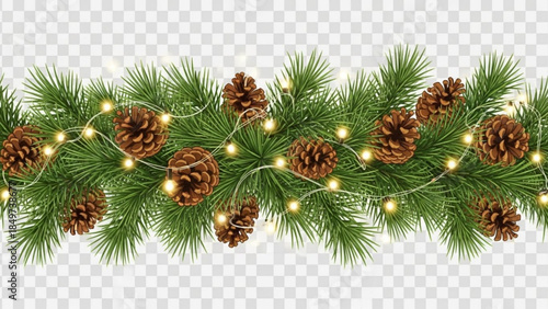 Festive Christmas Garland with Pinecones and Lights on Green Branches for Holiday Decorations and Seasonal Ambiance