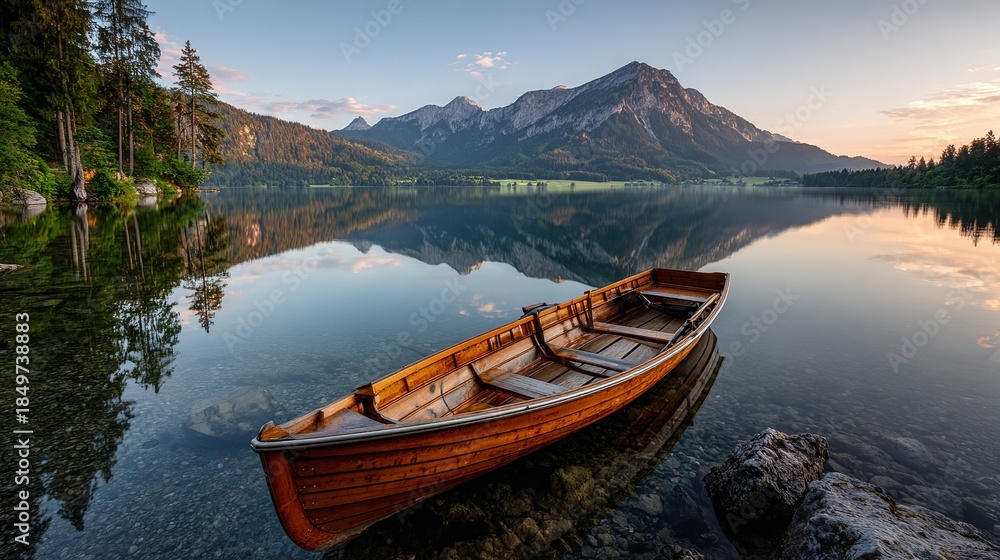 Obraz premium Serene wooden boat on calm lake with majestic mountain reflection at dusk