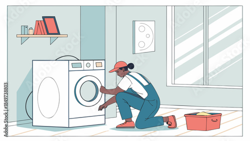A technician squats on the floor of a bright laundry room while repairing a washing machine.
