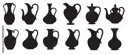  twelve black silhouettes of vintage pitchers and jugs