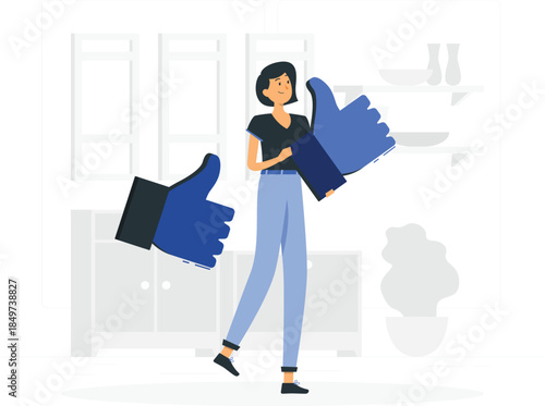 Woman holding large thumbs up gesture in living room cartoon approval de