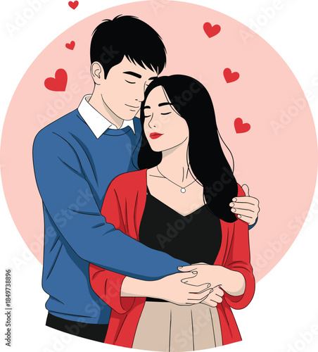 Vector Illustration of a Loving Young Couple Embracing Against a Pink Circle Background with Red Floating Hearts
