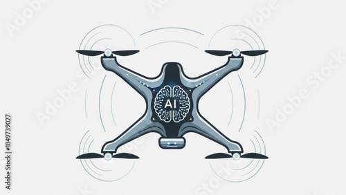 A futuristic gray drone with four propellers and a brain symbol featuring ai on its body flying in the air with motion lines around it
