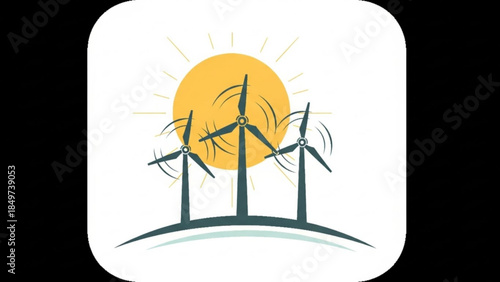 Three wind turbines on a hill with a bright sun in the background generating renewable energy