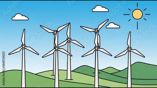 Wind turbines on green hills under blue sky with sun and clouds generating renewable energy from natural landscape